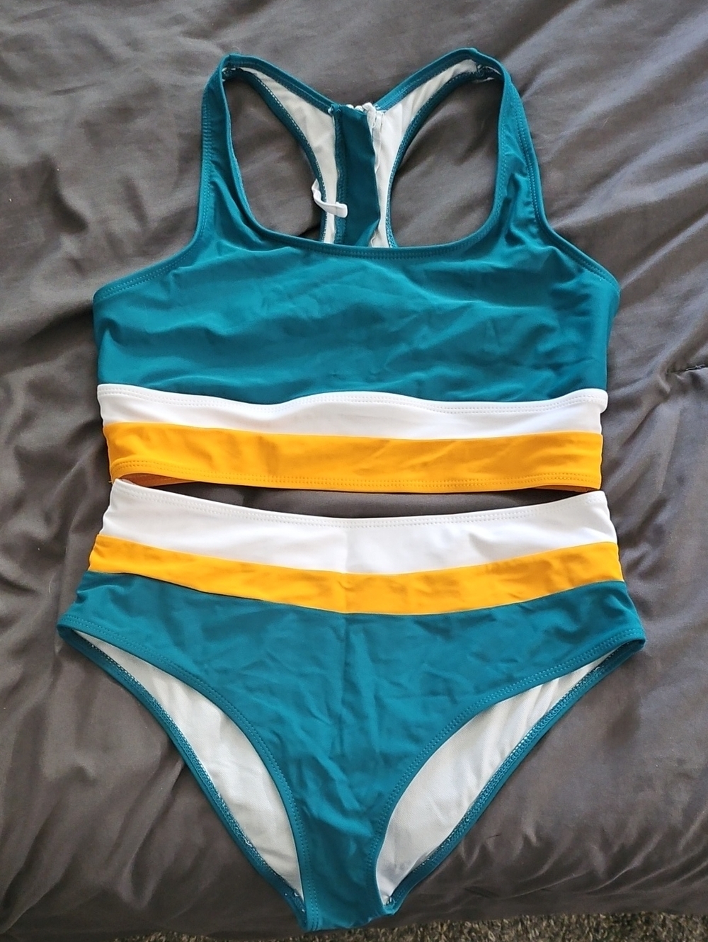 Teal Two-Piece Striped Tank Bikini with Yellow & White Bands